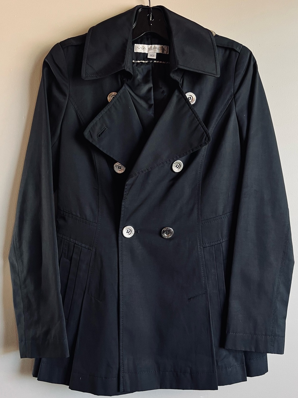 Via Spiga Trench Coat XS Black Double Breasted Belted Back Silver Button Details